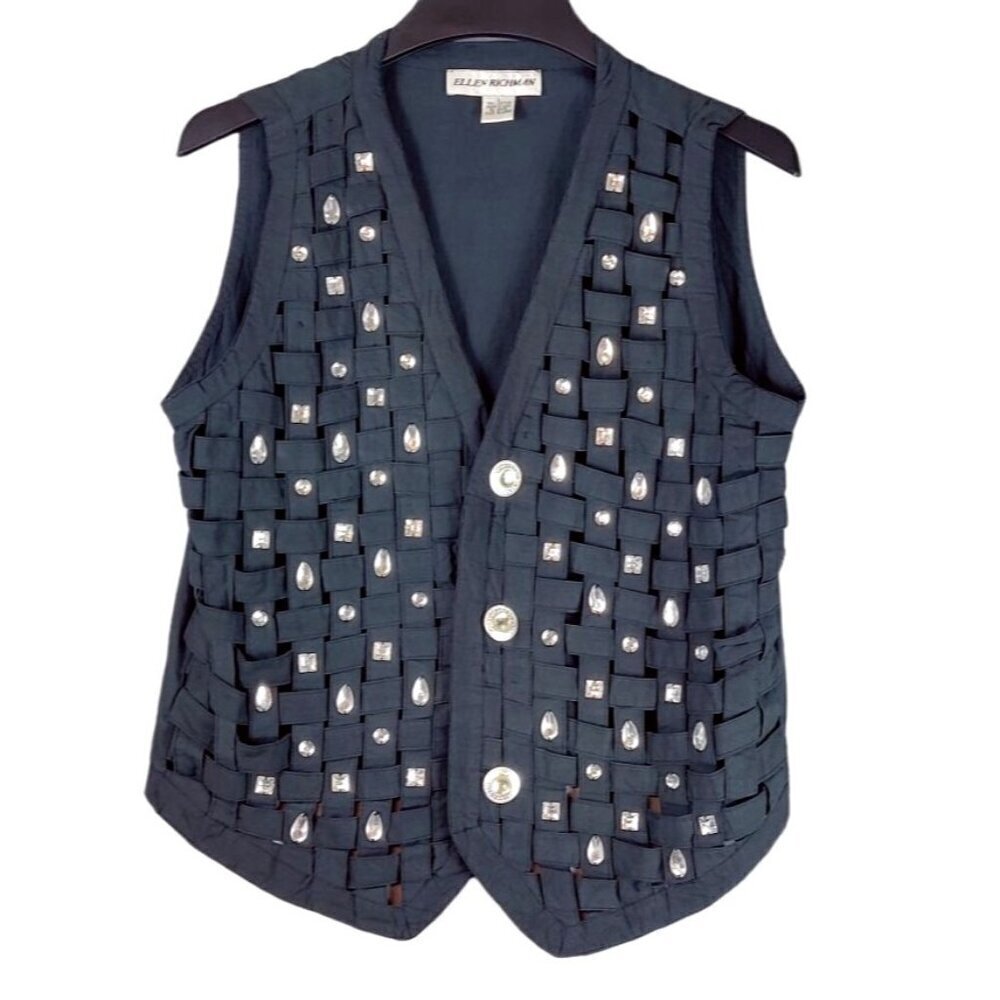 VTG Lattice Woven Vest Black Cotton Rhinestone Ellen Richman Y2K Boho Whimsygoth